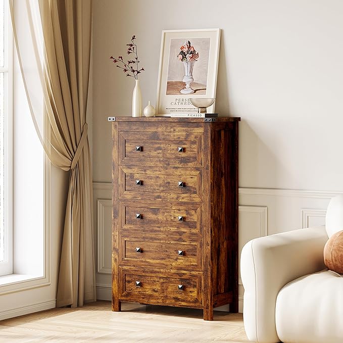 Brown Dresser Tall 5 Drawer Dresser for Bedroom, Wooden Dressers & Chests of Drawers with Metal Handles, Modern Storage Cabinet and Organizer Drawers for Living Room, Hallway