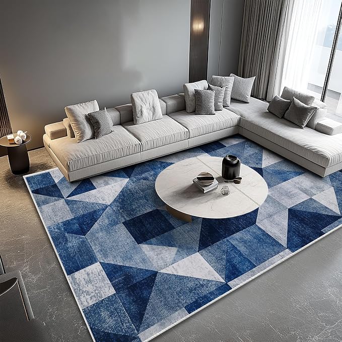 6x9 Navy Blue Area Rug Modern Geometric Blue White Beige Bedroom Rug Soft Low Pile Thin Large Carpet Living Room Non Slip Dining Room Stain Resistant Office Washable Machine