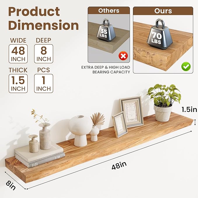 Extra Deep 48" Long Live Edge Rustic Floating Shelves for Wall, Solid Wood Wall Shelves with Invisible Bracket Mount for Living Room Bathroom Bedroom Kitchen, Set of 1, Natural