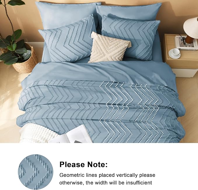 Litanika Super King Plus Size Comforter Set with Sheets Grayish Blue - 7 Pieces Bed in a Bag Oversized King Boho Tufted Complete Bedding Sets with Comforter, Sheets, Pillowcases & Shams