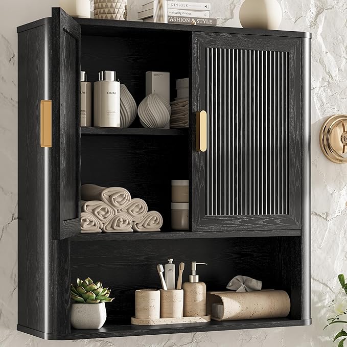 Bathroom Wall Cabinet, Wall-Mounted Medicine Cabinet with Adjustable Wood Shelf & Doors, Floating Bathroom Cabinet Over Toilet for Laundry Room & Kitchen & Living Room (Black)