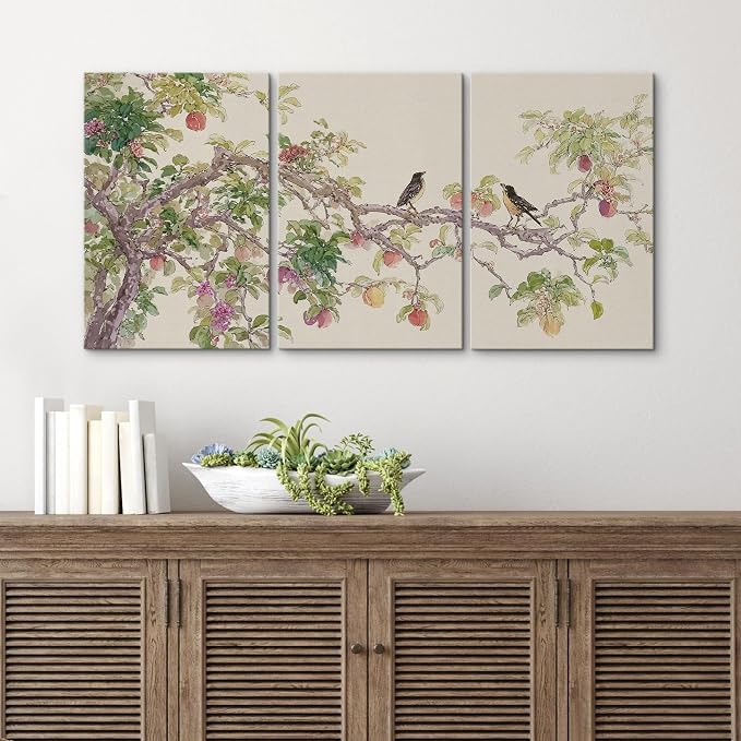 wall26 Canvas Print Wall Art Set Watercolor Fruit Tree Branch with Birds Botanical Decorative Minimal Relax/Zen for Living Room, Bedroom, Office - 24"x36" x 3