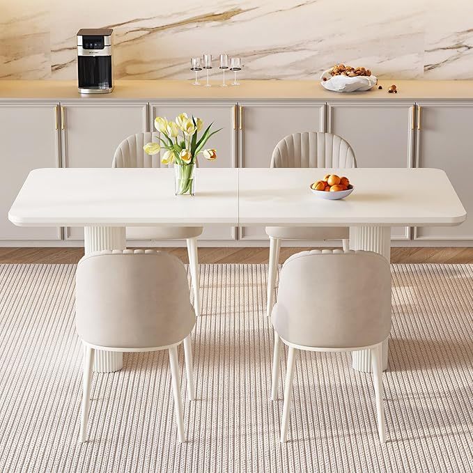 62.99" Rectangular Dining Table for 6, 6 Seat Dinner Table with Thick Top and Wave Shaped Legs for Kitchen, Living Room, White