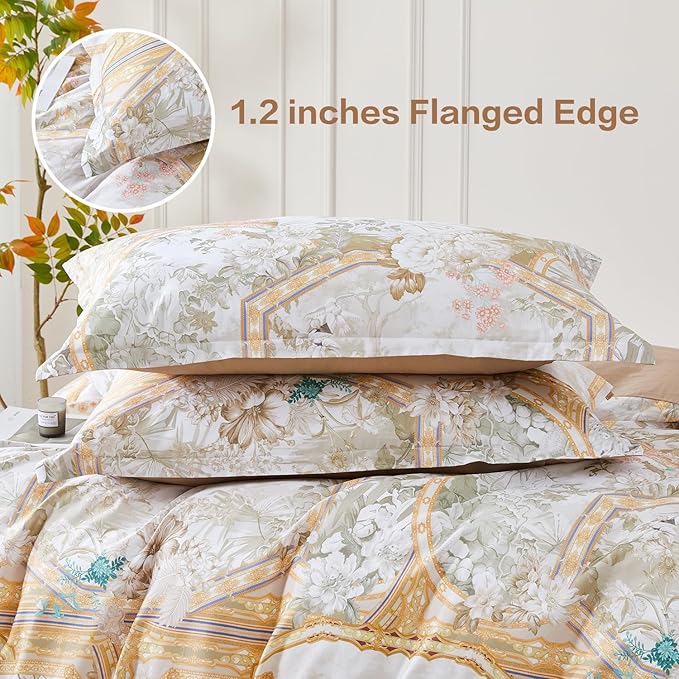 SAPHREAS Gold Floral Duvet Cover Set 3pcs King Size White Flower Botanical Blossom Bedding Comforter Cover Set 100% Cotton 1 Duvet Cover 2 Pillow Shams, Comforter Not Included