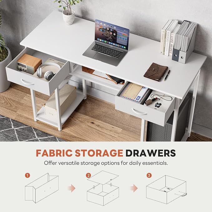 DUMOS 48" Small Computer Home Office Desk for Bedroom with Drawers, Gaming Writing Study Table with Storage Shelf, Adjustable Feet, Compact Desk for Gaming and Home Office Use, Metal Frame White