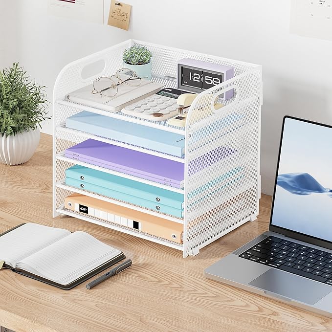 5 Tier Paper Organizer with Handle, White Metal Mesh Desk Organizer File Folder Paper Letter Tray Desktop Document Sorter for Classroom, School, Office Accessories Organization and Storage