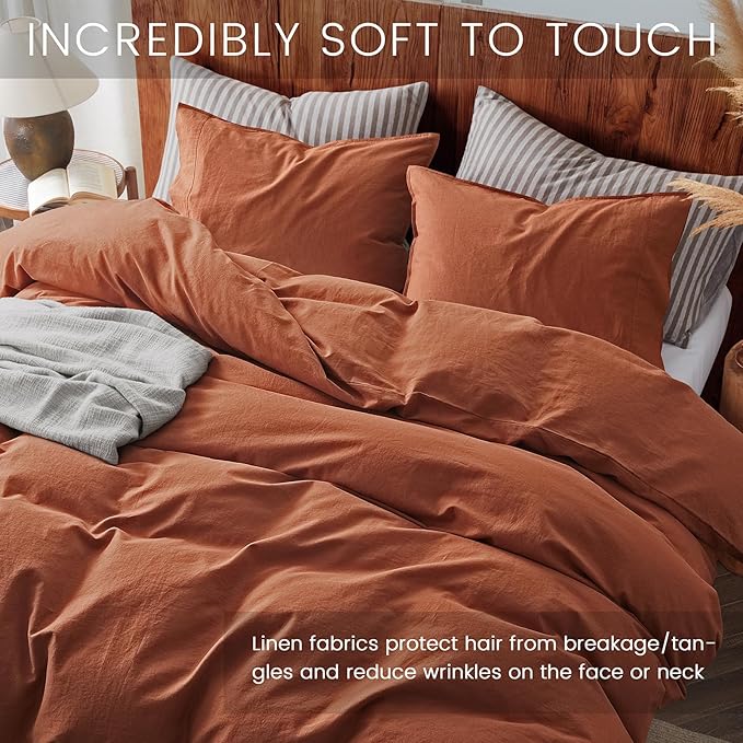 2Pcs Organic Linen Duvet Cover Twin Size, 100% French Linen from Normandy, Soft & Durable Terracotta Bedding Set Comforter Cover with 1 Pillowcases, 1 Duvet Cover with Zipper