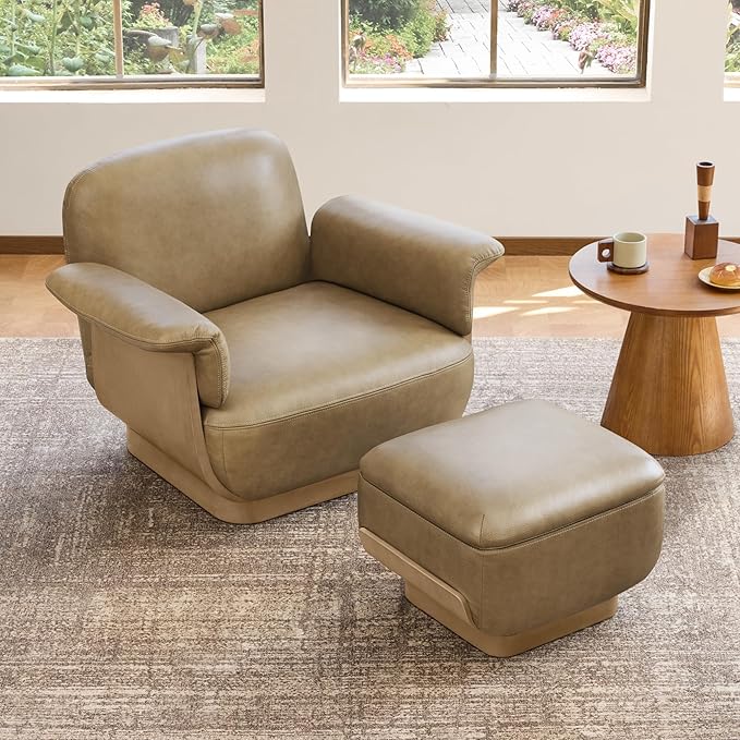 CHITA Genuine Leather Reclining Swivel Chair with Storage Ottoman, Modern Living Room Accent Chair with Lounge Seat for Bedroom, Office, Mocha