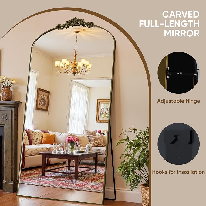 Antok Arched Full Length Mirror, 82"x44" Floor Mirror with Carved, Full Body Mirrors for HomeDecor, Standing/Halling Large Wall Mirror for Bedroom, Living Room, Cloakroom, Bronze, Retro Style
