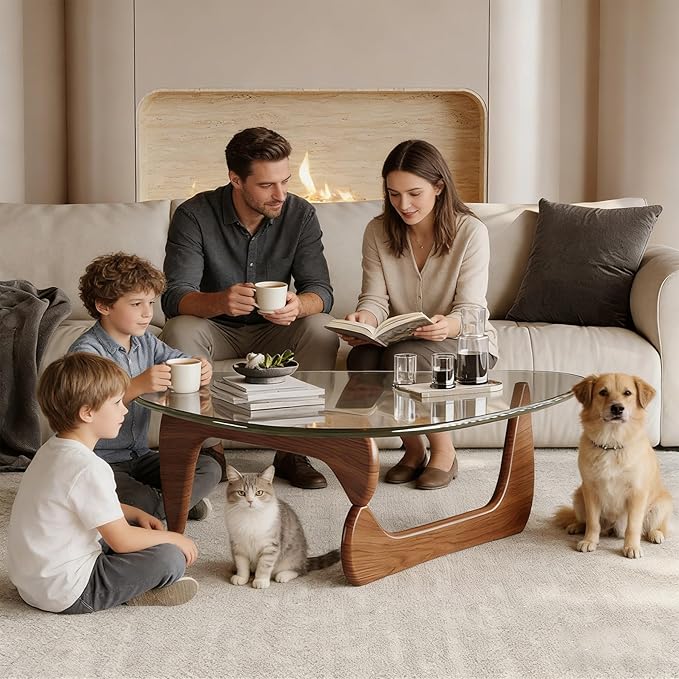 Glass Coffee Table, 44.9″D×32.3″W×15.8″H Triangle Center Tables with Tempered Glass Top & Eco-Friendly Wood Base, Mid Century Modern Coffee Table for Living Room, Apartment