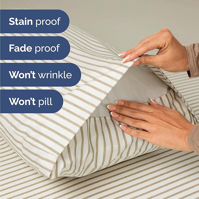Queen Size 4 Piece Sheet Set - Comfy Breathable & Cooling Sheets - Hotel Luxury Bed Sheets for Women & Men - Deep Pockets, Easy-Fit, Soft & Wrinkle Free Sheets - Beige Stripes Oeko-Tex Bed Sheet Set