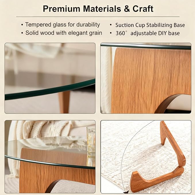 Modern Coffee Table for Living Room, Large Triangular Clear Tempered Glass Center Table with Adjustable Walnut Finish Wood Legs, 45" Mid-Century Abstract Design