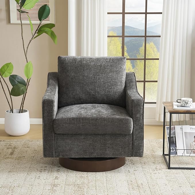 VINGLI Mid-Century Modern Swivel Accent Chair, 360°Upholstered Armchair, Home Sofa with Track Arms for Living Room, Bedroom, Reading Room, Club Swivel Chair, Chenille Grey
