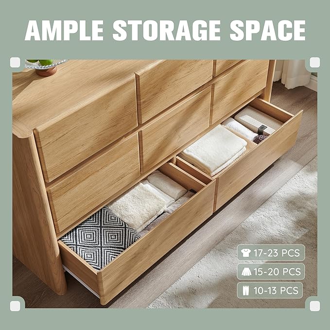 Modern 8 Drawers Dresser for Bedroom, 55" Wide Dresser w/Large Storage & Rounded Corner, Wood Handleless Chests of Drawers w/Natural Texture for Bedroom, Hallway, Living Room-Natural