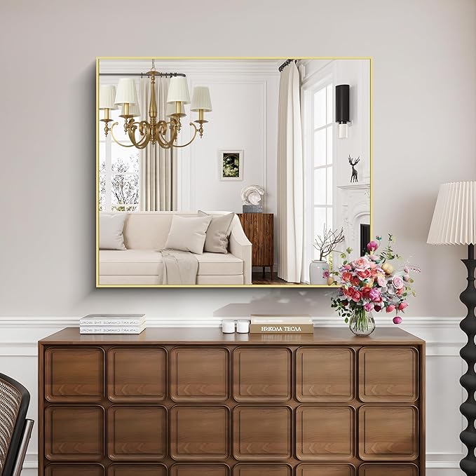 KOCUUY Large Gold Bathroom Mirror, 48x40 Inch Rectangular Mirror for Bathroom Sink, Oversized Wall Mirror with Metal Gold Frame for Living Room, Farmhouse, Entryway, Hang Horizontal/Vertical