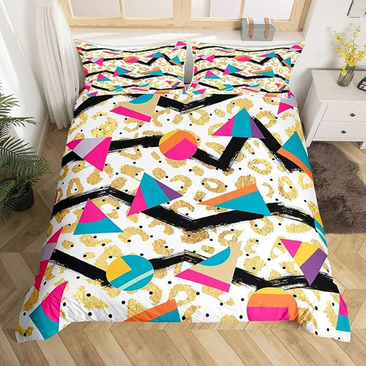 Cheetah Print Comforter Cover African Safari Animal Hide Bedding Set for Teens Mens Boys Retro 80s 90s Memphis Duvet Cover Circular Triangle Geometric Quilt Cover Urban Art Bedroom Decor King Size
