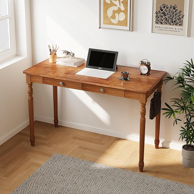 Vintage Solid Wood Writing Desk - 47.2" Mid Century Modern Desk with 2 Drawers, Wooden Computer Desks for Home Office, Large Secretary Desks, Traditional Vanity Dressing Table for Bedroom, Walnut