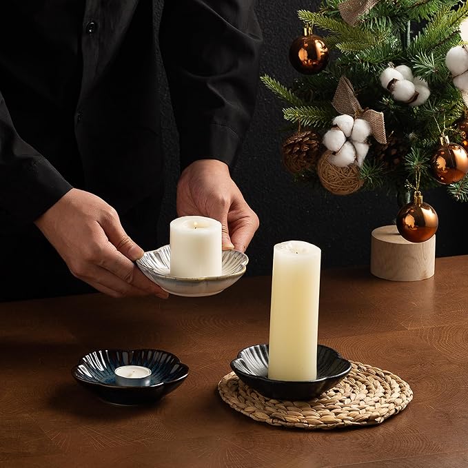Ceramic Pillar Candle Holder, Candle Tray for Incense, Palo Santo Holder, Tealight Candle Holder, Candle Stand for Home Decoration Display, Halloween Christmas Wedding Parties, 1 Pack (Grey)