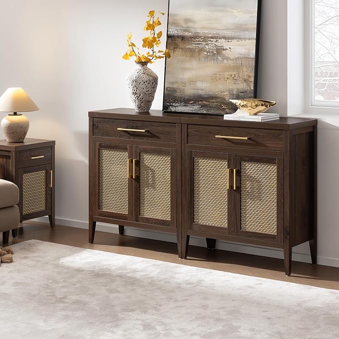 SICOTAS 30" Kitchen Sideboard Buffet Cabinet with Storage, Modern Coffee Bar Cabinet with Adjustable Shelves & Gold Mesh Doors, Storage Cabinet with Drawer for Living Room Dining Room, Espresso Walnut
