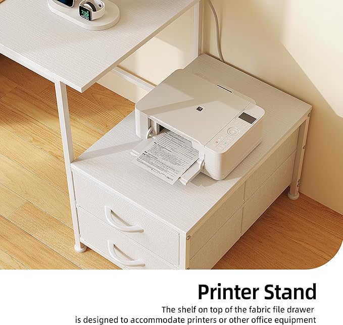 52 Inch Office Desk with 6 Drawers and Printer Space for Storage, Reversible Computer Desk with Monitor Stand & Power Outlets, Home Office Desks, White