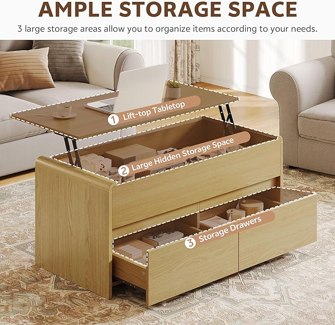 Coffee Table Lift Top, 40 Inch Multi-Function Coffee Table with 2 Drawers, Hidden Compartment, Curved Profile Design, Converts to Home Office Table, Dining Table for Living Room, Natural