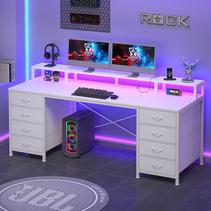 YOMILUVE 60 Inch Computer Desk with 8 Fabric Drawers, Gaming Desk with LED Lights & Power Outlets, Home Office Desk with Monitor Stand, White