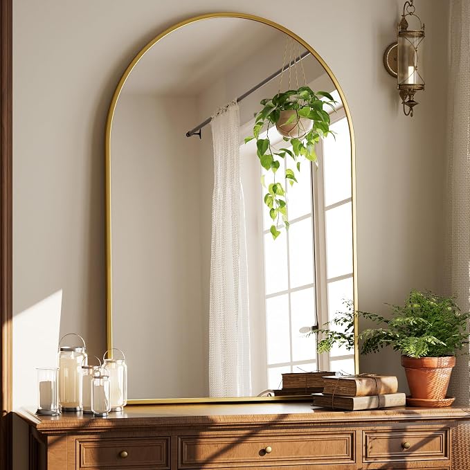 HARRITPURE Arched Bathroom Mirror - 30"x48" Gold Large Wall Mounted Vanity Mirror Aluminum Alloy Frame Arch Wall Mirror for Living Room, Bedroom, Entryway