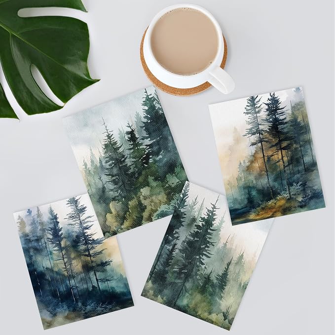 SIGNWIN Adhesive Canvas Poster Green & Teal Watercolor Forest Pine Trees Nature Wilderness Photography Realism Decorative Rustic Cozy Zen for Living Room, Bedroom, Office - 8"x10"x 4