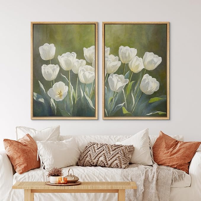 IDEA4WALL Framed Canvas Print Wall Art Set White Tulip Floral Botanical Bloom Illustrations Modern Art Decorative Bohemian Calm/Zen for Living Room, Bedroom, Office - 24"x36"x2 Natural
