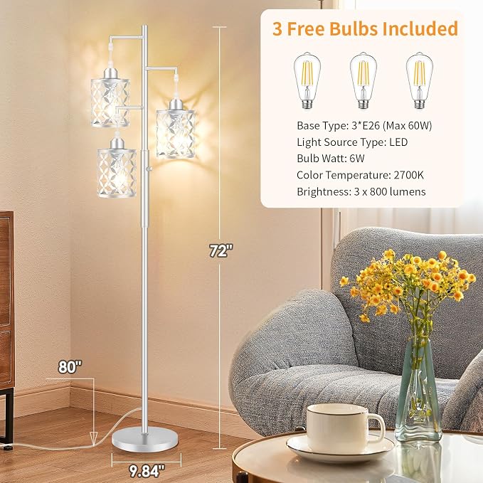 Dimmable Floor Lamp, Farmhouse Standing Lamp with Elegant Metal Cage, Industrial Tall Tree Floor Lamps for Living Room, Bedroom, Study Room, Office, 3 x 800LM LED Bulbs Included, 72",Silver
