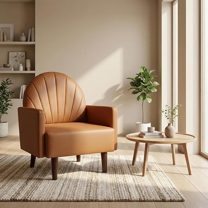 PU Accent Chairs for Living Room with High-Density Foam Cushion, Mid-Century Single Sofa Armchair with Solid Wood Legs Upholstered Reading Chair for Bedroom Home Office (Shell Orange)