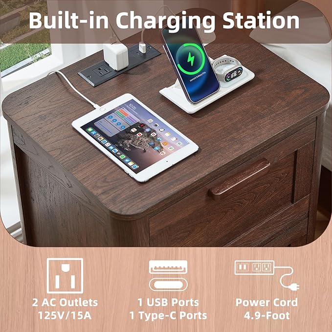 Farmhouse Nightstand Set of 2 with Charging Station, End Tables Bedroom with 2 Large Drawers & 4 Thickened Table Legs, Walnut