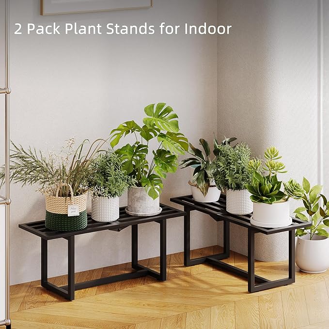 2 Pack Metal Plant Stand, Foldable Heavy Duty Indoor, Window Iron Plant Shelf - Mid Century Modern Slatted Bench for Patio, Garden, Living Room Load Bearing 330 lbs 26" L x 10.4" H x 8.6" W 1 Tier Black