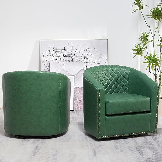 KINWELL 29" Wide Tufted Faux Leather Swivel Barrel Chair Set of 2, PU Leather Modern Upholstered Accent Chairs with Nailhead Trim, Small Armchair for Living Room Bedroom, Green