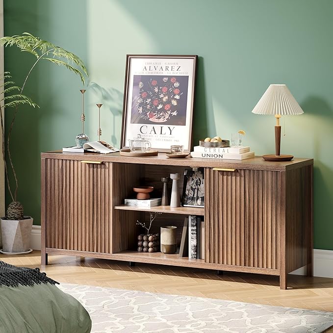 VINGLI 57.8" Fluted TV Stand for TVs up to 70 Inch, Mid-Century Modern Entertainment Center with Adjustable Shelves & Cabinet Storage, Natural Wood TV Stand for Living Room, Walnut