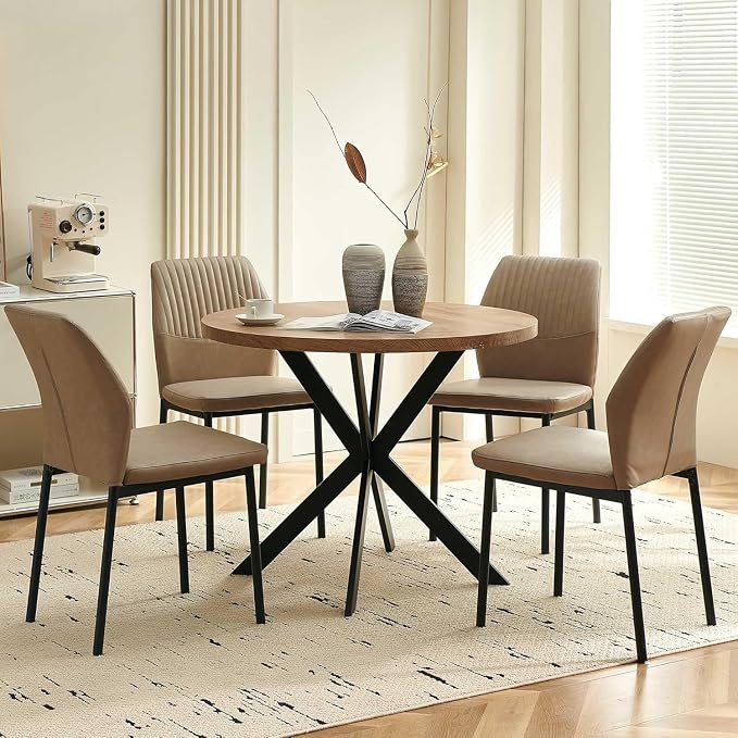 37" Round Dining Table Set for 4, Mid Century Modern Small Coffee Set for Dining Room Kitchen Apartment (Walnut Table + 4 PU Leather Beige Chairs)