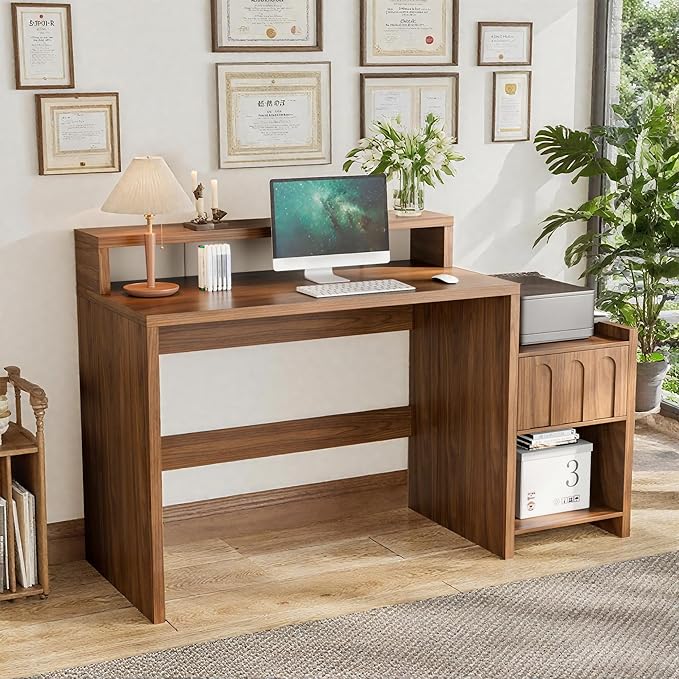 60 Inch Executive Desk with Drawer, Farmhouse Home Office Desk with Printer Shelf, Mid Century Modern Walnut Computer Desk Work Table, Monitor Shelf, Charging Station, for Study, Living Room, Brown