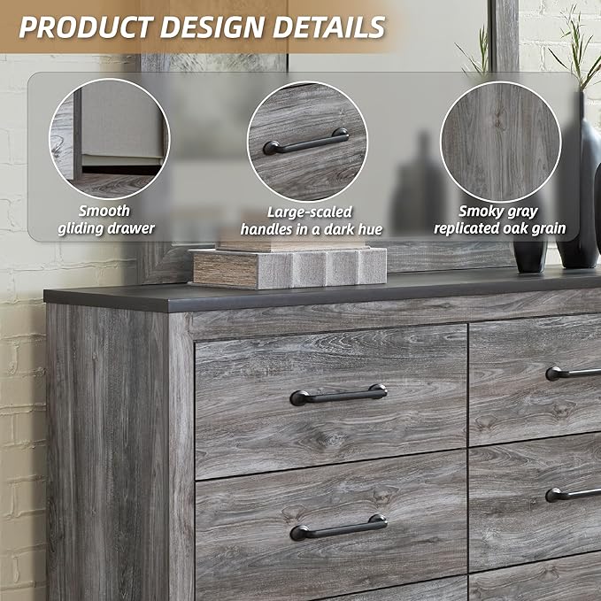 Signature Design by Ashley Bronyan Contemporary Smooth-Gliding 6-Drawer Dresser and Mirror with Safety Stop, Gray