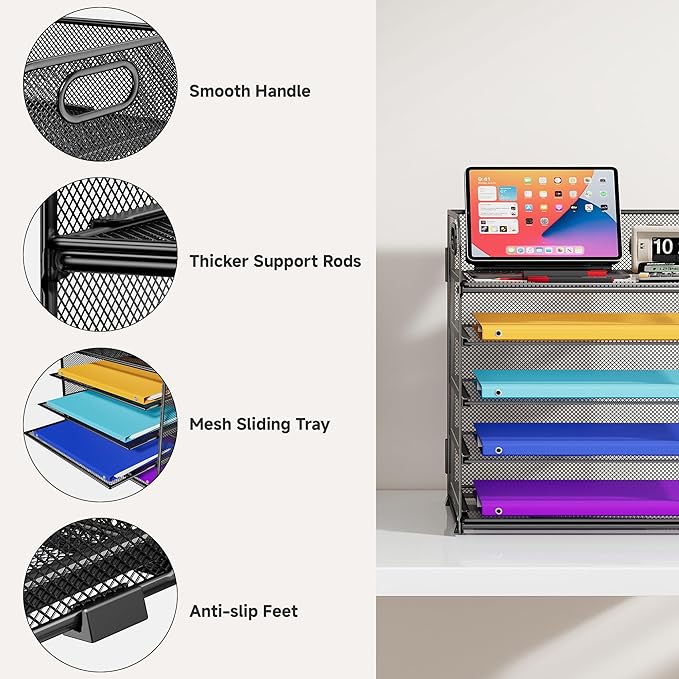 5 Tier Paper Organizer with Handle, Black Metal Mesh Desk Organizer File Folder Paper Letter Tray Desktop Document Sorter for Classroom, School, Office Accessories Organization and Storage
