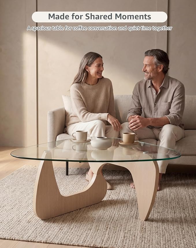 Glass Coffee Table for Living Room, 35.82" Small Triangle Coffee Table with Clear Glass Top and Sculptural MDF Wood Base, Mid Century Modern Center Table for Apartment, Sofa, Small Space