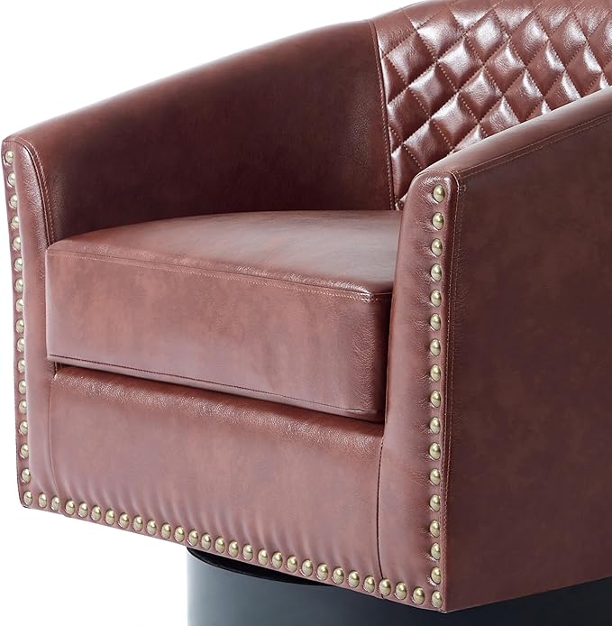 UIXE Swivel Accent Chair, PU Leather Barrel Club Chair for Living Room, Upholstered Armchair Comfy Single Sofa Bedroom Reading Seat - Red Brown