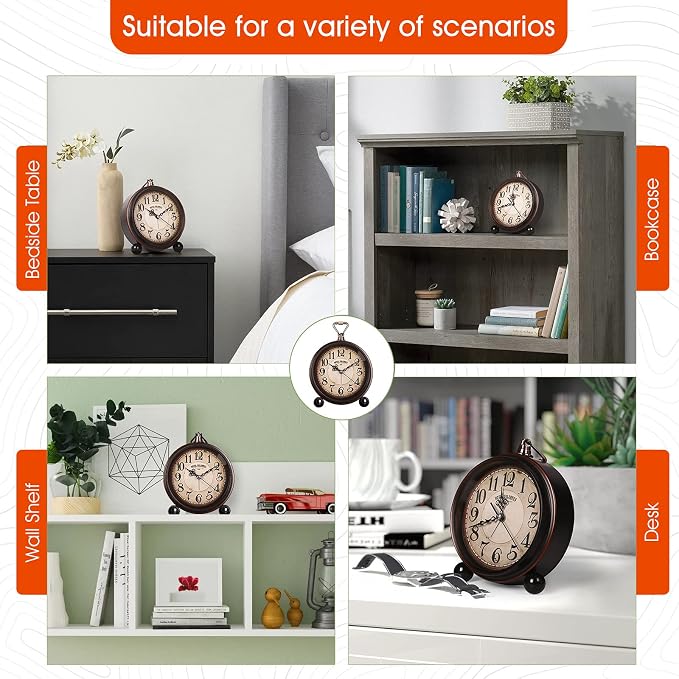 RODH Battery Alarm Clock,Night Light,Vintage Hangable Super Silent Non Ticking Analog Table Clock for Bedroom Bedside, Desk,Shelf