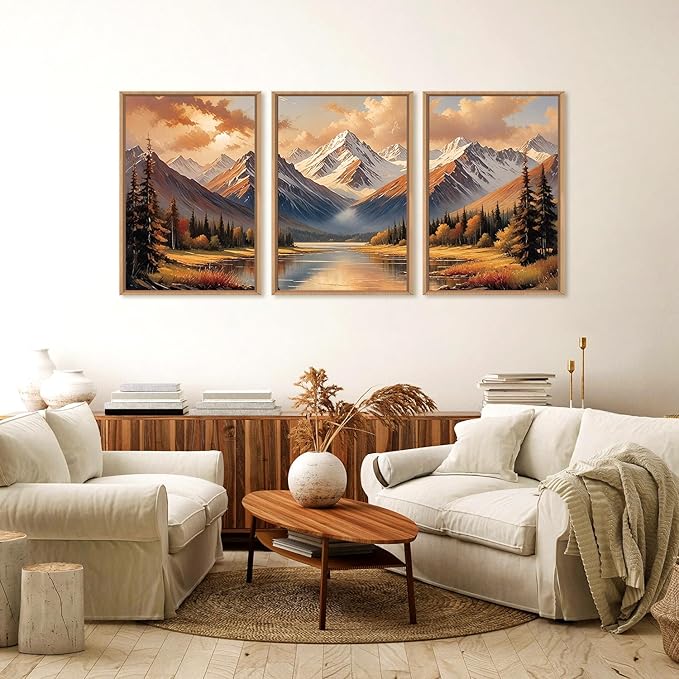 FWIEXA Fall Mountain Framed Canvas Wall Art Set, Autumn Pine Tree Forest Modern Wall Decor, Grassland River Artwork, Woodland Landscape Scenery Prints for Living Room, Office - Size 16"x24"x3