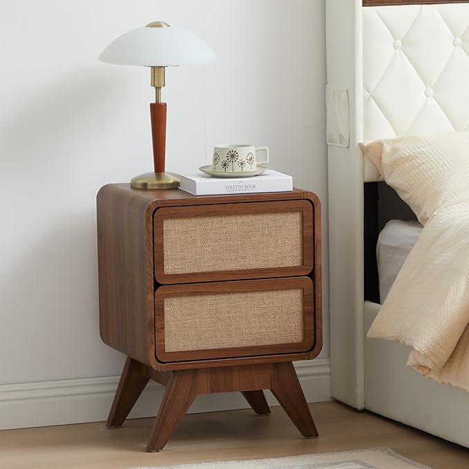 AVZEAR Mid Century Night Stand Set of 2, Wood Bedside Table Curved Round Edge Nightstands with 2 Drawers and Solid Wood Legs, End Table Side Table for Small Space, Dorm, Bedroom(Walnut)