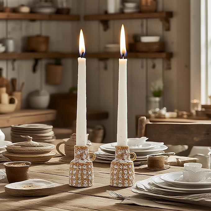 Ceramic Taper Candle Holder Decoration - Set of 2 Candlesticks with Handle Boho Style Candle Burning Display Holder for Coffee Table Centrepiece Living Room Farmhouse Vintage Tabletop Decor Cynkeyee