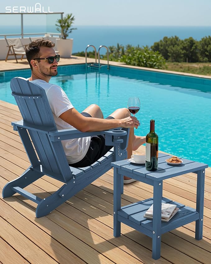 SERWALL 2-Tier HDPE Outdoor Side Tables Set of 4, Weatherproof Rectangular Adirondack Side Table, Blue