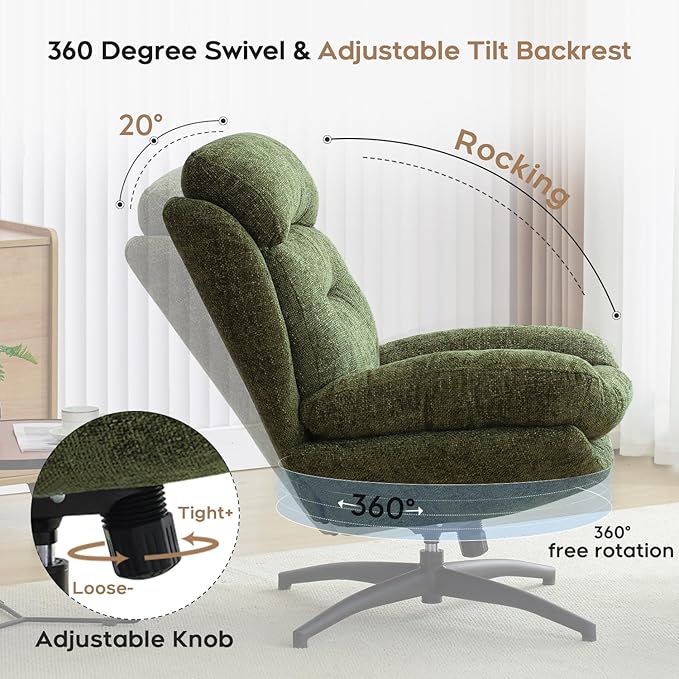 Swivel Accent Chair with Ottoman Set for Living Room, Chenille Comfy Reading Chair with High Back, TV Lounge Chair with 360 Degree Swiveling, Tilting for Bedroom, Modern Armchair with Footrest, Green