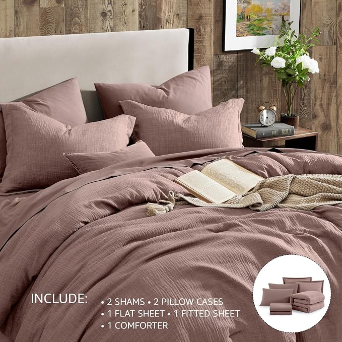 Geniospin Full Comforter Set - 7 Pieces Comforter Full Size, Solid Bedding Sets for All Season, Textured Bed in a Bag with Sheets, Pillowcases and Shams (Misty Rose, 80''x90'')