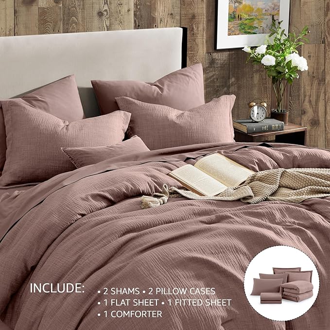 Geniospin King Size Comforter Set- 7 Piece Misty Rose Textured King Bedding Set, Soft Solid Bed in a Bag for All Season, King Comforter Set with Sheets(Misty Rose,102''x90'')