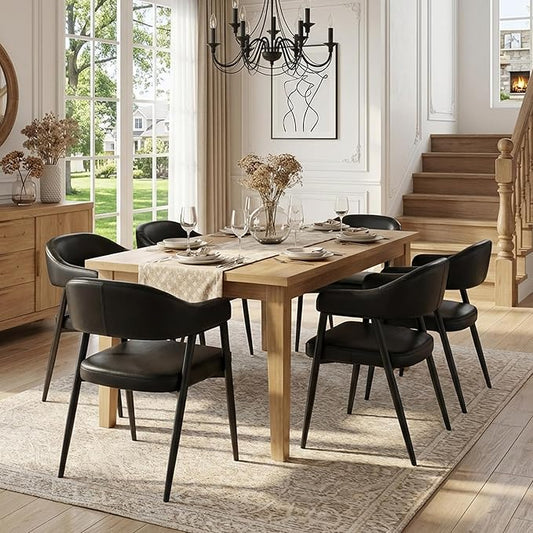 HNY Modern Dining Room Arm Chairs Set of 6, Retro Faux Leather Upholstered Barrel Dining Chairs with Arms Mid-Century Black Accent Chair with Metal Legs, Open-Back Kitchen Side Chair for Living Room